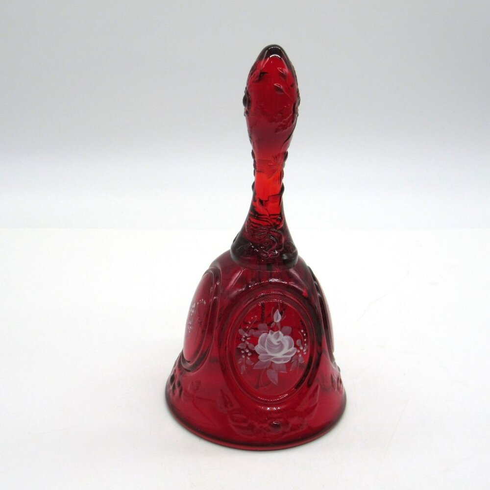 VTG Fenton Red Amberina Bell White Roses Hand Painted signed Frida